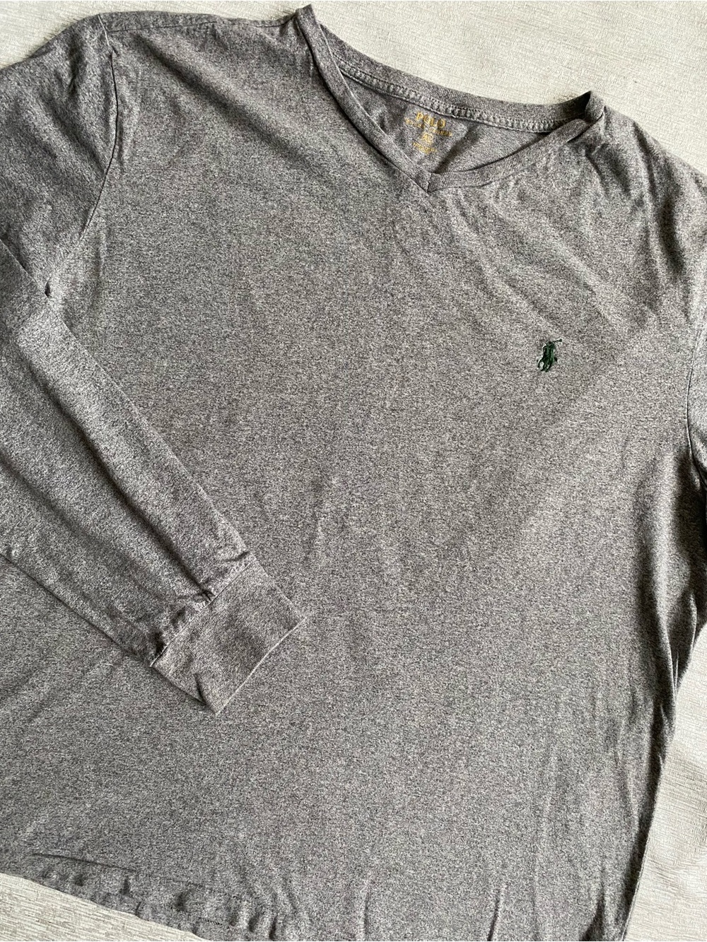 Polo Ralph Lauren Men’s Heater Gray Long-Sleeve T-Shirt V-Neck Shirt  Green Pony